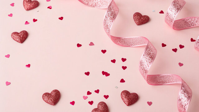Decorative hearts and ribbon on a pink background for a celebration or event