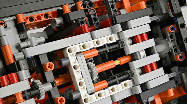 Part of the complex mechanism of the bottom and suspension of the car made of plastic construction kit. Full depth of field.