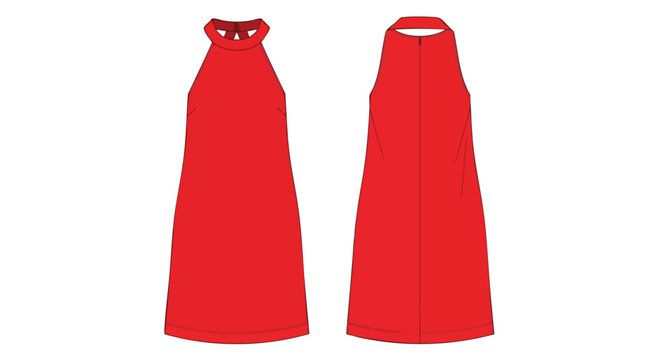 Vibrant crimson halter neck shift dress flat sketch showcasing front and back detail for fashion design and apparel creation