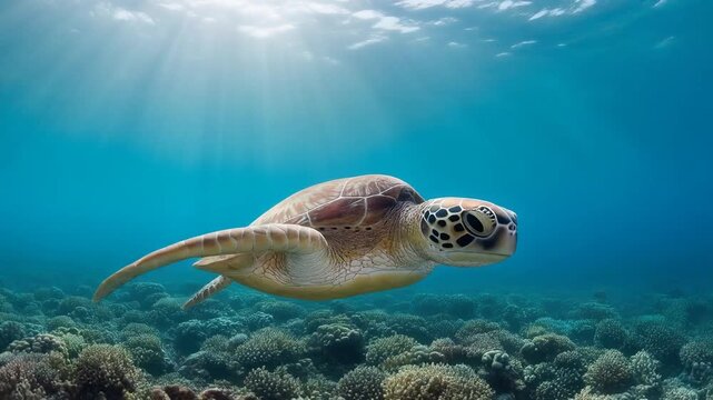 Captivating underwater footage showcasing a magnificent sea turtle gracefully navigating a vibrant coral reef, bathed in ethereal sun rays piercing through the crystal-clear ocean