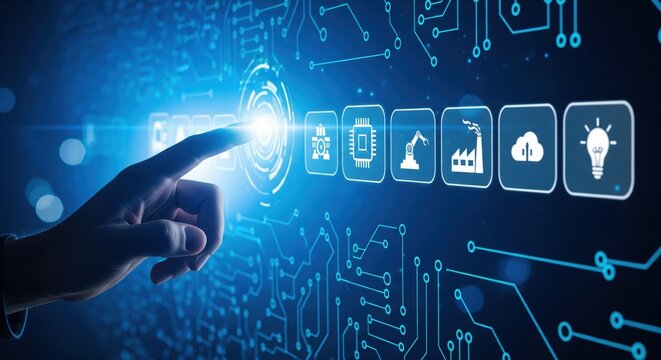 Hand touching futuristic interface illustrating Industry 4.0 and digital factory automation