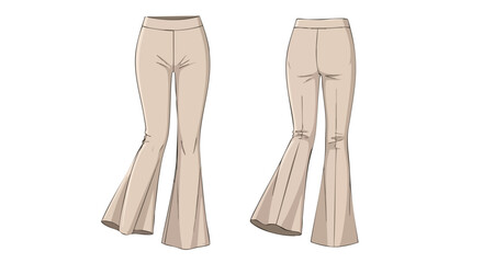 Stylish bell-bottom trousers illustration in beige hue, showcasing a retro fashion trend and design elements for apparel creation