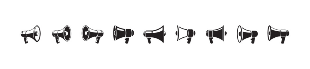 Set of megaphone vector icons collection for announcement and advertisement in black color illustration isolated