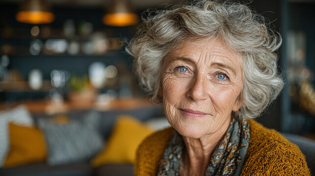 Warm Portrait of Elderly Woman. Elderly woman with curly hair in cozy setting