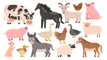 Fototapeta premium Cute farm animals set with different characters in cartoon design style. Vector collection with livestock - cow and horse, donkey and pig. Hand drawn kids design elements.
