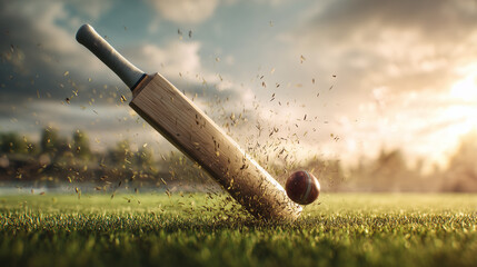 A cricket bat hitting a ball on a grass field with grass particles flying in the air at daytime