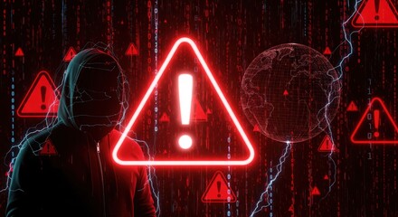 Anonymous hooded figure standing amidst a global cyber security warning and digital data stream