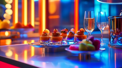 Elegant dessert display with colorful lighting. Delicate pastries and fresh fruits create a vibrant scene. Perfect for upscale events. Generative AI
