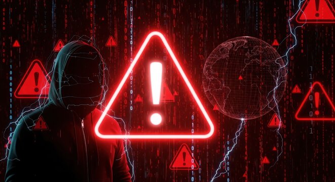Anonymous hooded figure standing amidst a global cyber security warning and digital data stream