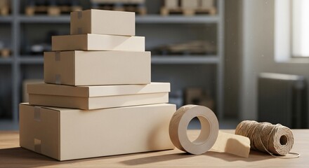 Various sized brown cardboard boxes stacked neatly with packing tape and natural twine on a wooden table, ready for shipping