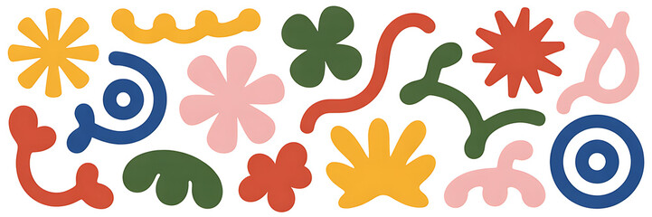 Vibrant collection of colorful abstract organic and geometric shapes pattern isolated on white background