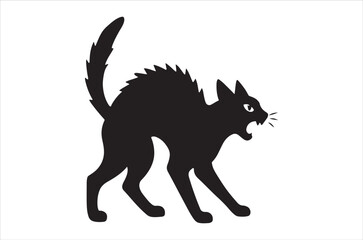 A silhouette of a black cat with an arched back and hissing expression