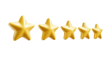 Five gold stars 3d icon displaying premium quality rating, customer review, excellence, and background achievement transparent with