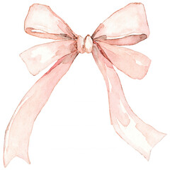 Delicate pink watercolor ribbon bow creating a festive design element for celebration or transparent decoration gift with background