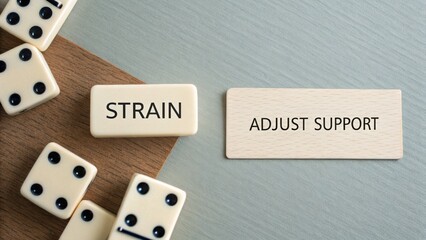 Dominoes arranged with the words Strain and Adjust Success