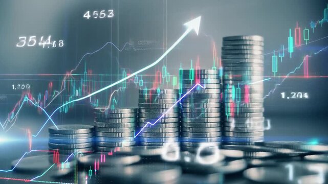 Stacks of Coins and Stock Market Candlestick Charts Showing Upward Trend and Growth finance money