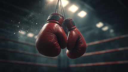A pair of red boxing gloves hanging in a boxing ring illuminated by bright lights above the ropes