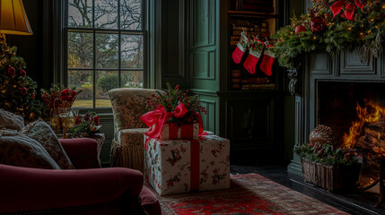 Cozy christmas living room scene with decorated fireplace and wrapped gifts by the window
