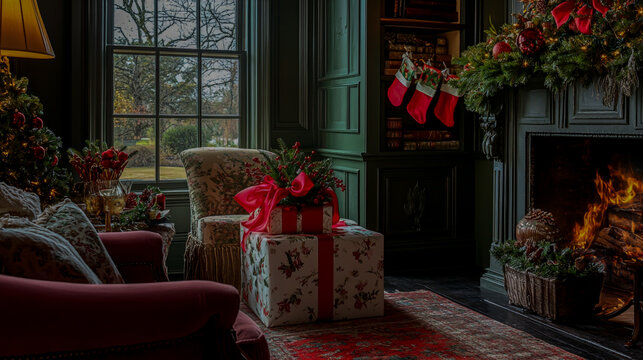 Cozy christmas living room scene with decorated fireplace and wrapped gifts by the window