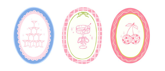 Oval frame with coquette pyramid of champagne glasses, cherry disco balls and cocktail. Whimsical hand drawn design for bride party invitation. Vintage aesthetic
