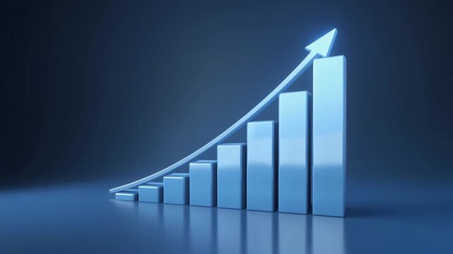 Blue Bar Chart with an Upward Arrow Indicating Growth and Success on a Dark Blue Background graph