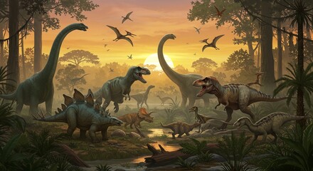 Dinosaur Group in Prehistoric Scene