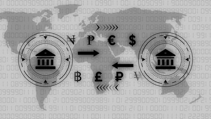Global Finance Exchange Concept Bank Money Transfer Digital World Map Currency Symbols Arrows International Banking Transactions Digital Data Background - Powered by Adobe