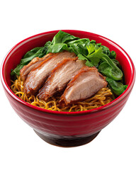 Roasted pork noodle in a premium red bowl, showcasing roasted pork noodle with glossy egg noodles and greens, perfect roasted pork noodle cut-out for menu design, Asian food branding. PNG die-cut