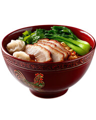 Wonton noodle soup with char siu pork presented in a classic red rooster bowl, wonton noodle soup in rich detail and highlighting the authentic Asian wonton noodle soup for premium food. PNG die-cut