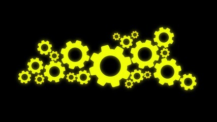 Animated glowing yellow gears meshing and rotating on a black background representing teamwork innovation industry and mechanical processes with a sense of progress and connection