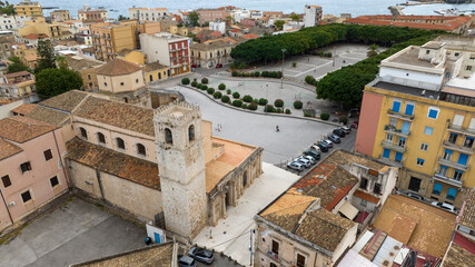 Fototapeta premium Aerial view of the Santuario di Santa Lucia al Sepolcro, in Syracuse, Sicily, Italy. It's a Catholic church built on the site where Saint Lucy was martyred. It's located in the square of the same name