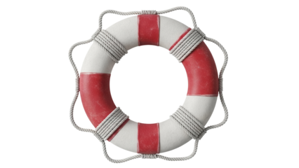 Red and white life buoy PNG isolated on transparent background, nautical safety equipment for summer and maritime themes