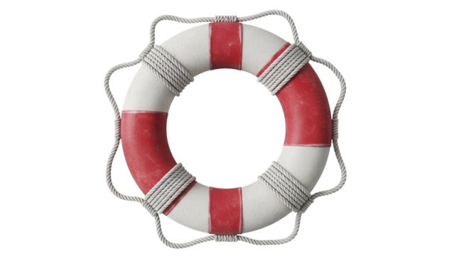 Red and white life buoy PNG isolated on transparent background, nautical safety equipment for summer and maritime themes
