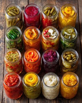 Fifteen Jars of Pickled Vegetables on Wooden Surface