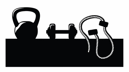 Silhouette of kettlebell dumbbell and jump rope for fitness and exercise equipment on a black surface | editable eps vectors