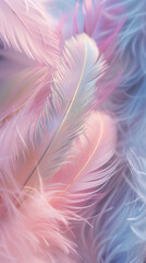 Obraz premium Close-up wallpaper featuring a delicate feather pattern in soft shades of white, pink, purple, green, and blue, creating a gentle and elegant visual harmony.