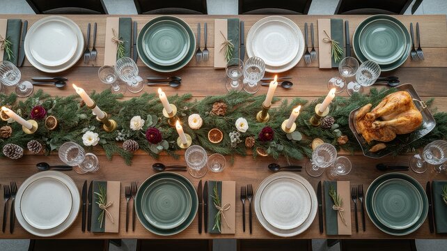 Table setting for a festive dinner with food, candles, and decor during a special celebration at a modern dining room