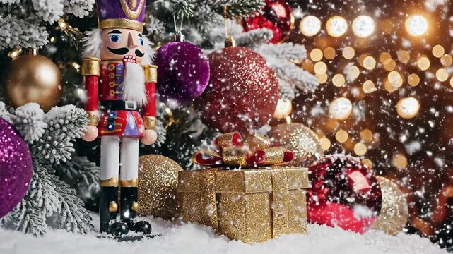 Festive Christmas Tree Decorations and Nutcracker Ornament.