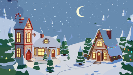 Cozy Winter Night Village Landscape Vector Illustration with Snow Covered Houses and Festive Christmas Trees under Moonlight