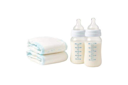 Baby Bottles with Milk and Diapers Isolated on Transparent Background - Powered by Adobe