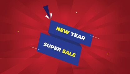 new year super sale editable eps format web banner vector art illustration template design blue shapes white yellow bold font red gradient abstract illustration sun shine background 4k business