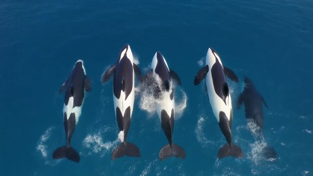 Drone Shot Of Orca Whale Pod Surfacing In Pacific Ocean, Marine Mammals, Wildlife Family, Ocean Gian