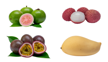 Untitled design - Grid Layout of Four Fresh Exotic Fruits on White Patterned Background.