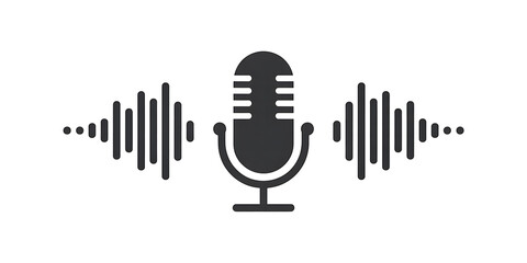 Black microphone icon with sound waves, representing audio, voice, or podcasting, isolated on white