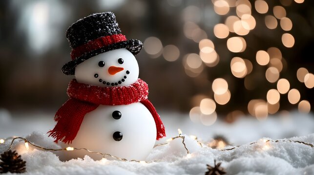 Snowman stands in snow with lights and pine cones around during winter season in a backyard