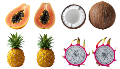 Untitled design - 2x2 Grid Arrangement of Fresh Tropical Fruits on Clean White Background.