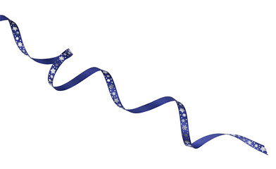 Blue ribbon satin bow curly scroll with snowflake ornament isolated on a transparent background. Full depth of field. PNG.