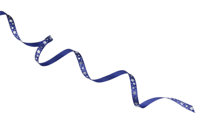 Blue ribbon satin bow curly scroll with snowflake ornament isolated on a transparent background. Full depth of field. PNG.