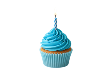 Blue Cupcake with Birthday Candle Isolated on Transparent Background