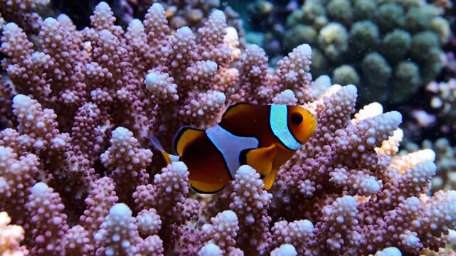 A vibrant clownfish swims amid a vibrant coral reef, showcasing marine life and underwater beauty